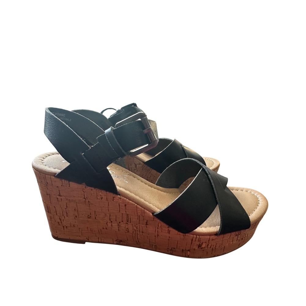 Vintage 7‎ Eight Dannie Wedge Sandals Womens 7.5 Black Cork Platform Excellent